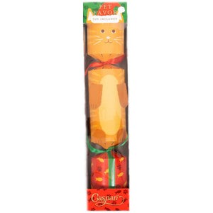 The Santa Hat Cat Cracker by Caspari is a 12-inch orange pet toy cracker with paw prints, green and red ribbons, and “Pet Favor Toy Included” on the packaging.