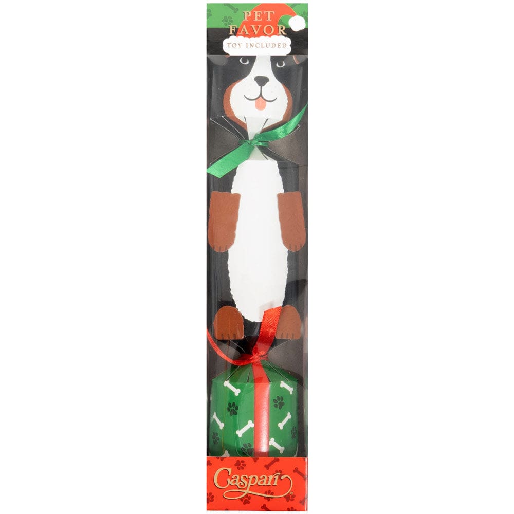 The Caspari Santa Hat Dog Cracker comes in a 12-inch rectangular box with a dog-shaped toy, green ribbon, and paw-print gift box. Made of Caspari paper, the packaging is labeled "Caspari" and "Pet Favor Toy Included.