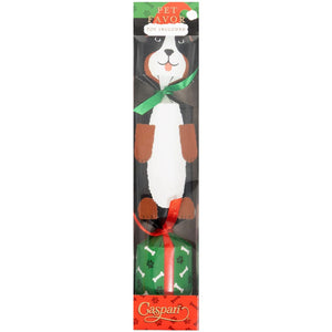 The Caspari Santa Hat Dog Cracker comes in a 12-inch rectangular box with a dog-shaped toy, green ribbon, and paw-print gift box. Made of Caspari paper, the packaging is labeled "Caspari" and "Pet Favor Toy Included.
