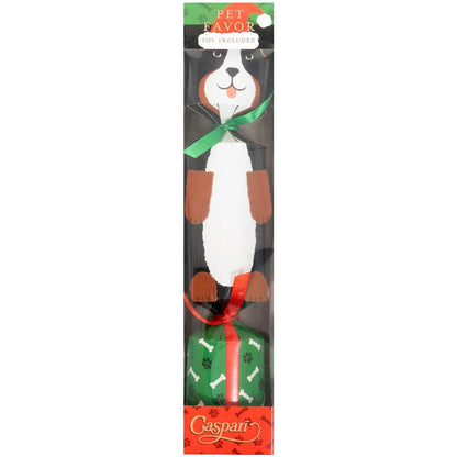 The Caspari Santa Hat Dog Cracker comes in a 12-inch rectangular box with a dog-shaped toy, green ribbon, and paw-print gift box. Made of Caspari paper, the packaging is labeled "Caspari" and "Pet Favor Toy Included.