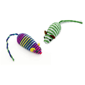 The Caspari Santa Hat Dog Cracker includes two toy mice with striped fabric bodies and braided tails—one pink-blue and one green-white—adding playful charm for your pet, perfectly sized for a 12-inch cracker.