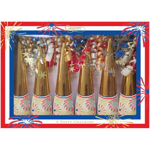 Six gold and white Caspari Celebrate! Crackers with star and firework designs, decorated with colorful curly ribbons in a festive box—perfect party favors filled with surprises.