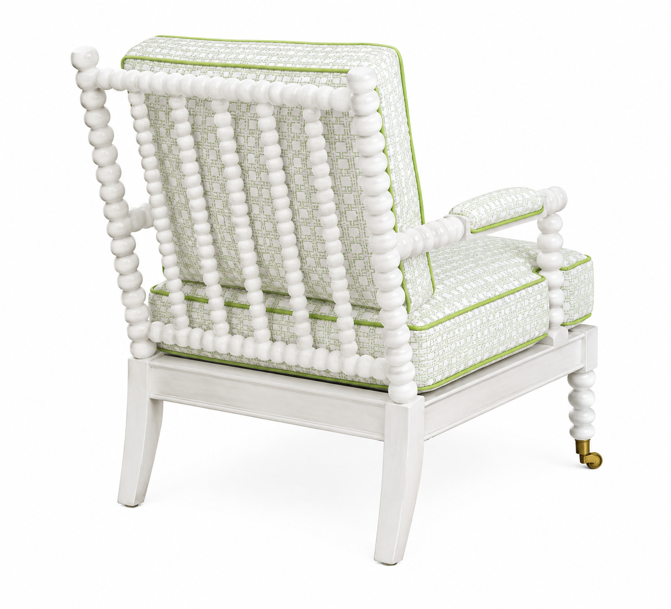 The Spool Chair by Hickory Chair features a spindle-style back and arms in the classic bobbin-frame design, accented with green and white light-patterned upholstery, green trim, and a small brass caster on one front leg. Shown from the back against a white background.