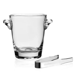 The William Yeoward Crystal Classic Ice Bucket features two side handles and includes a pair of metal ice tongs—an elegant wine cooler, handmade from crystal glass, displayed on a white background.