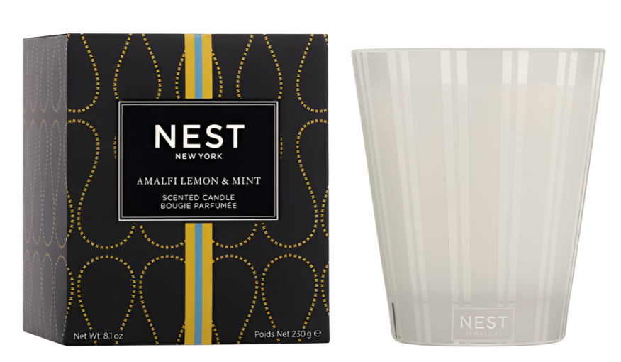 A box labeled "Nest Amalfi Lemon & Mint Collection" stands beside an empty frosted candle holder, evoking the refreshing essence of this collection inspired by the Amalfi Coast.