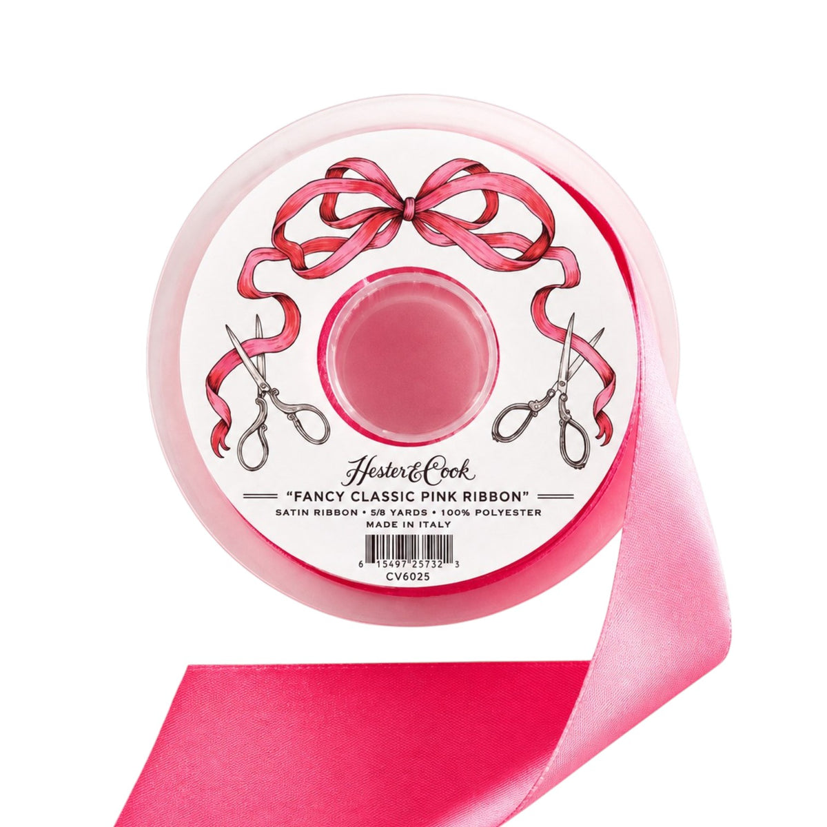 A spool of pink satin ribbon from Hester & Cook, labeled “Fancy Ribbon” with scissors and ribbon illustrations on the packaging—perfect for gift wrapping and adding a touch of elegance alongside other satin ribbons or an olive ribbon.