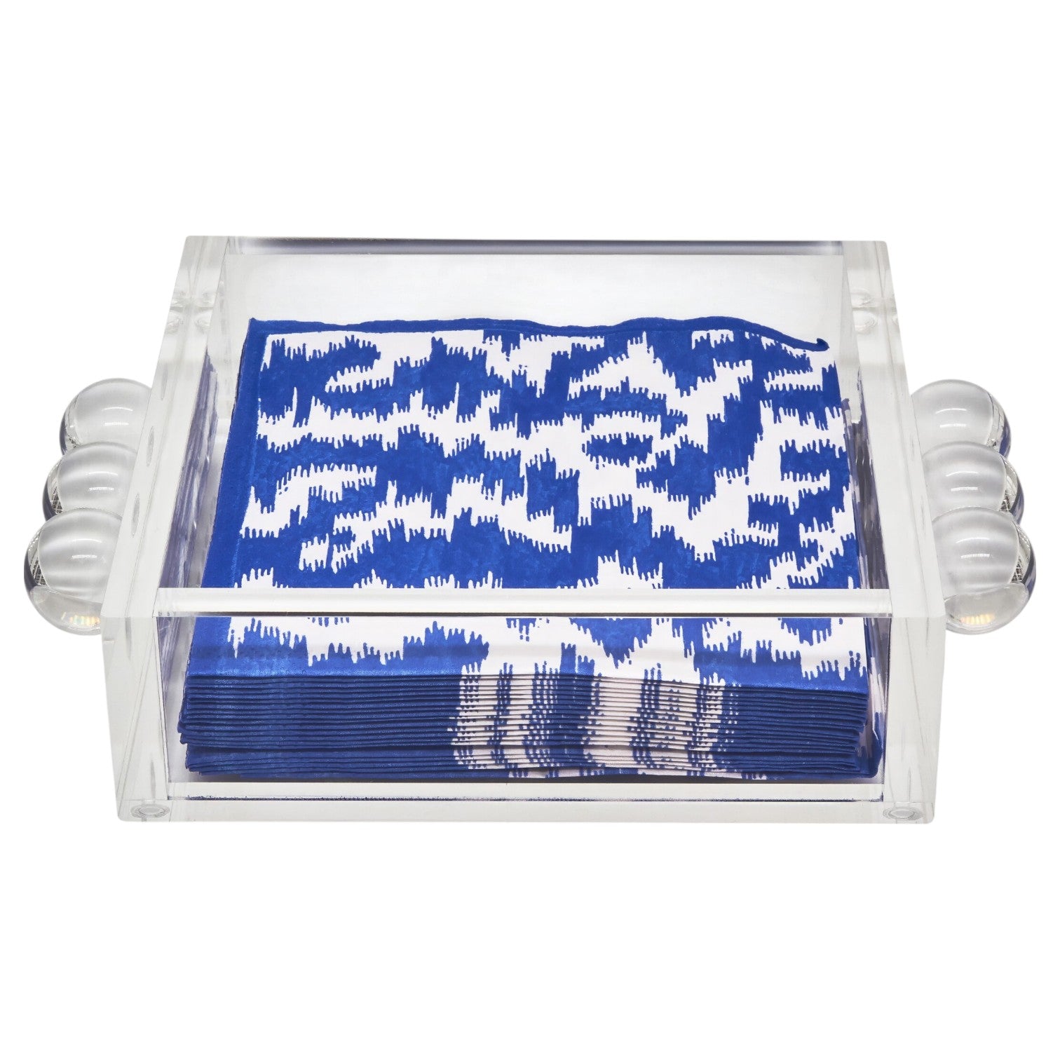 The Tizo Design Acrylic Napkin Holders with Bubble Handles contain blue and white patterned napkins, adding a modern and stylish touch to your table decor.