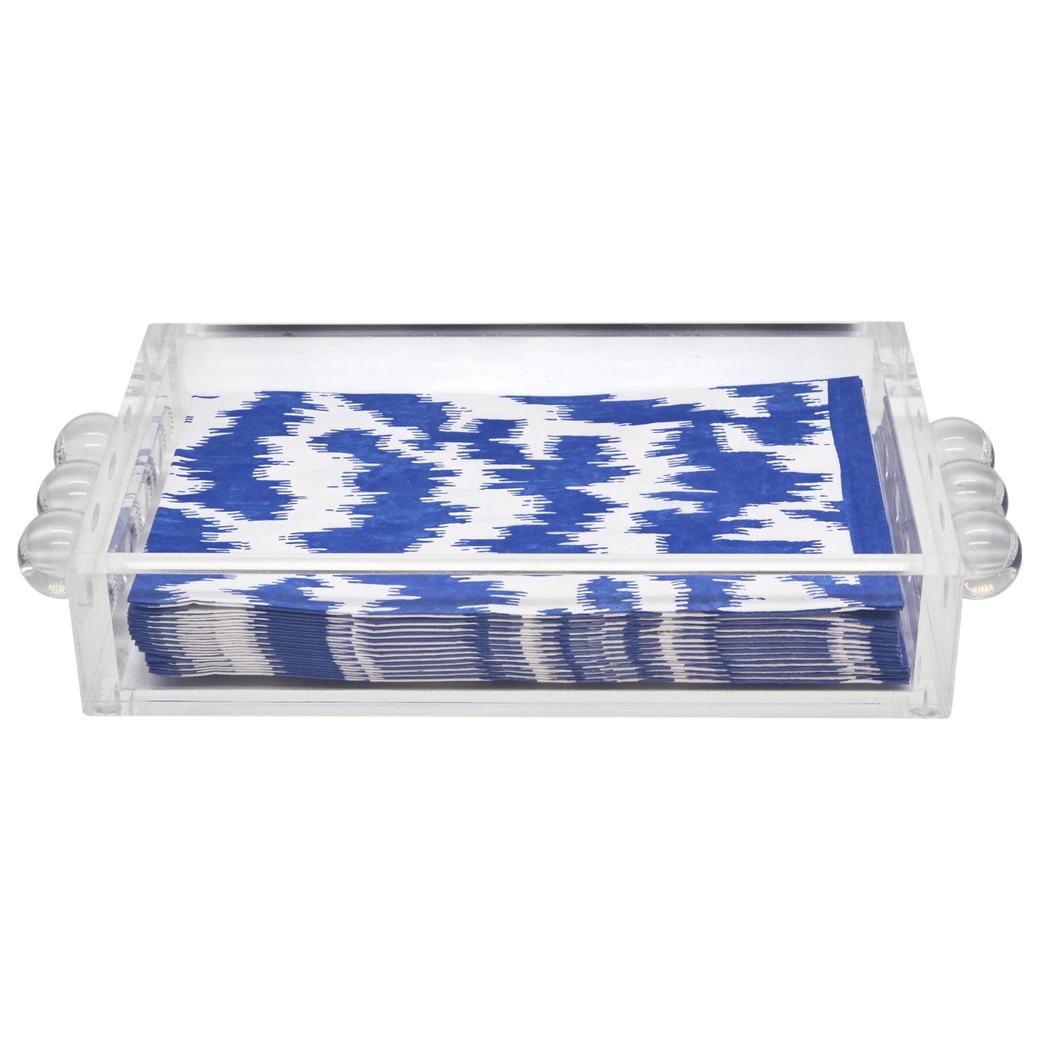 The Tizo Design Acrylic Napkin Holders with Bubble Handles cradle blue and white patterned napkins, adding a modern touch to your table decor with their clear finish and contemporary style.