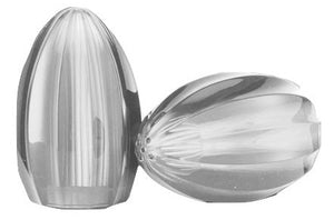 Two clear glass citrus juicers featuring modern shapes and ribbed surfaces, designed by Mario Luca Giusti.