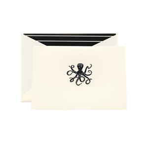 The Octopus Folded Card Set by Crane includes a cream notecard with a black octopus illustration and matching envelope featuring a black and white striped interior—perfect for stylish stationery or beach lovers.