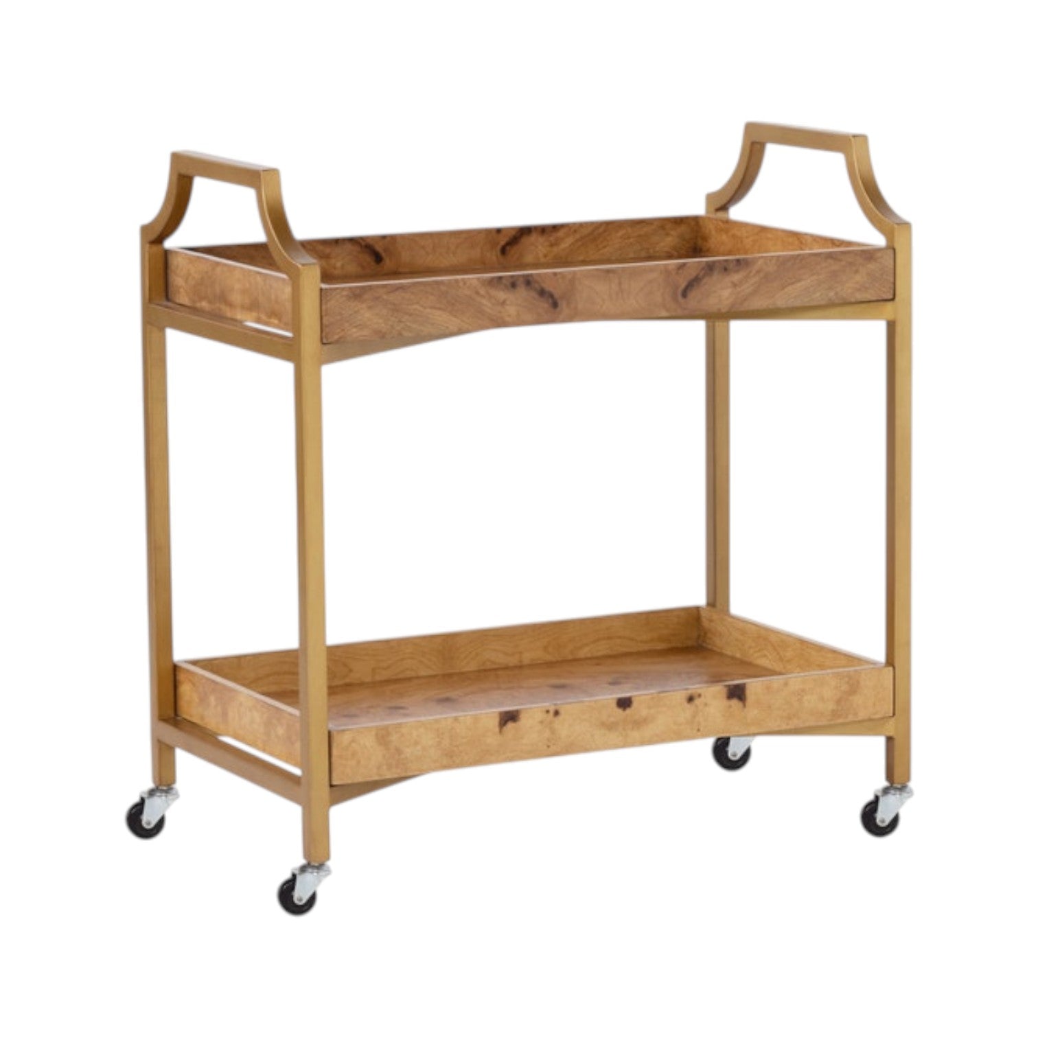 The Montaro Bar Cart by Made Goods features a painted metal frame, two olive ash box tray shelves with raised sides, and four caster wheels. Shown here on a white background.