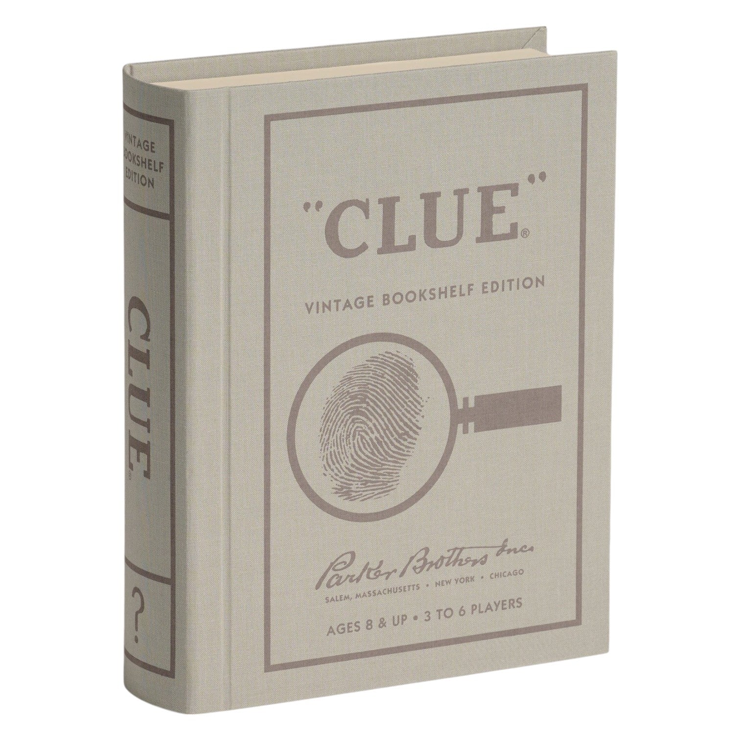 A fabric-wrapped book-style box labeled "Vintage Bookshelf Board Games" by WS Game Company features a fingerprint and magnifying glass design, making it a standout piece from the Vintage Bookshelf Collection.
