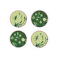 Four round plates from the Ginori 1735 Florenza Impero Dinnerware Collection, crafted in fine Italian porcelain, each showcasing unique green botanical motifs with floral and leaf patterns on varying green backgrounds.