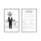 Black and white illustration of a bartender at a counter on the left, inspired by classic bartender’s manuals; “The Art of Cocktails” cocktail menu from Penguin Random House with vintage cocktails, detailed descriptions, and an ornate border on the right.