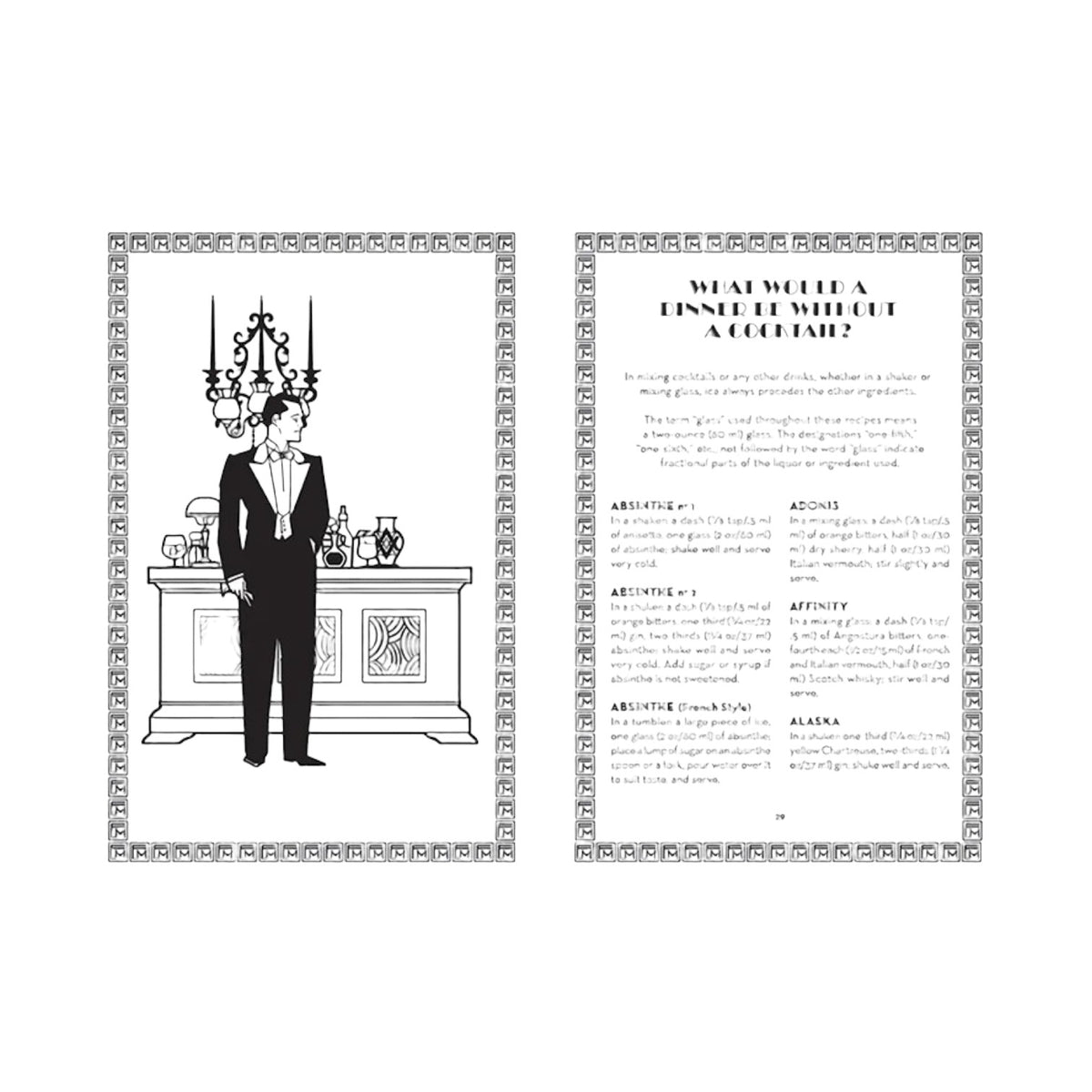 Black and white illustration of a bartender at a counter on the left, inspired by classic bartender’s manuals; “The Art of Cocktails” cocktail menu from Penguin Random House with vintage cocktails, detailed descriptions, and an ornate border on the right.