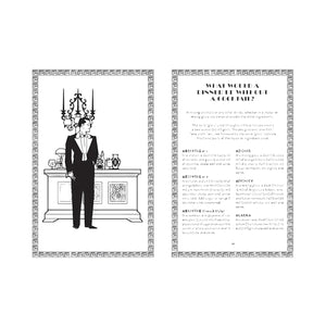 Black and white illustration of a bartender at a counter on the left, inspired by classic bartender’s manuals; “The Art of Cocktails” cocktail menu from Penguin Random House with vintage cocktails, detailed descriptions, and an ornate border on the right.