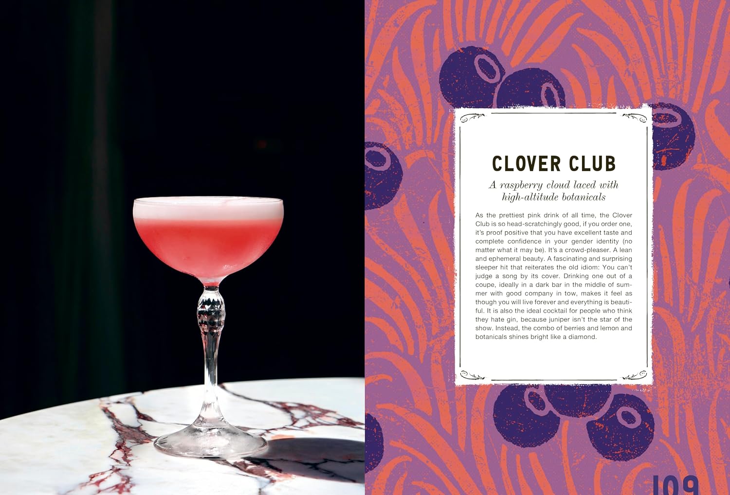 A coupe glass with a pink cocktail on a marble table, showcasing the art of mixology, sits beside “The Classic Cocktail Sessions” by Penguin Random House on a purple and orange illustrated background.