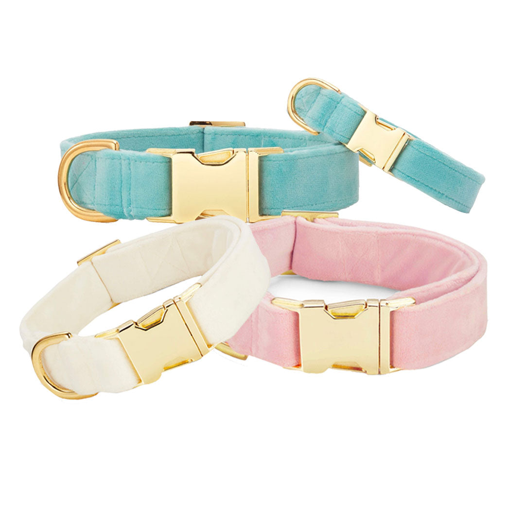 The Foggy Dog Velvet Dog Collar Collection features pastel blue, pink, and white collars with gold buckle and D-ring, displayed overlapping—ideal as luxury dog collars or wedding dog accessories.