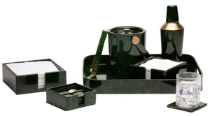 The Nelson Emerald Barware Collection by Blue Pheasant includes an ice bucket, cocktail shaker, coasters, napkin holders, and a glass with ice, all elegantly displayed on a coordinated tray.