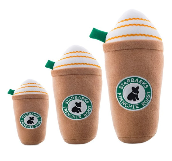 Three Haute Diggity Dog Starbarks Frenchie Roast plush squeaker toys shaped like coffee cups in increasing sizes with a "Starbarks Frenchie Roast" logo.