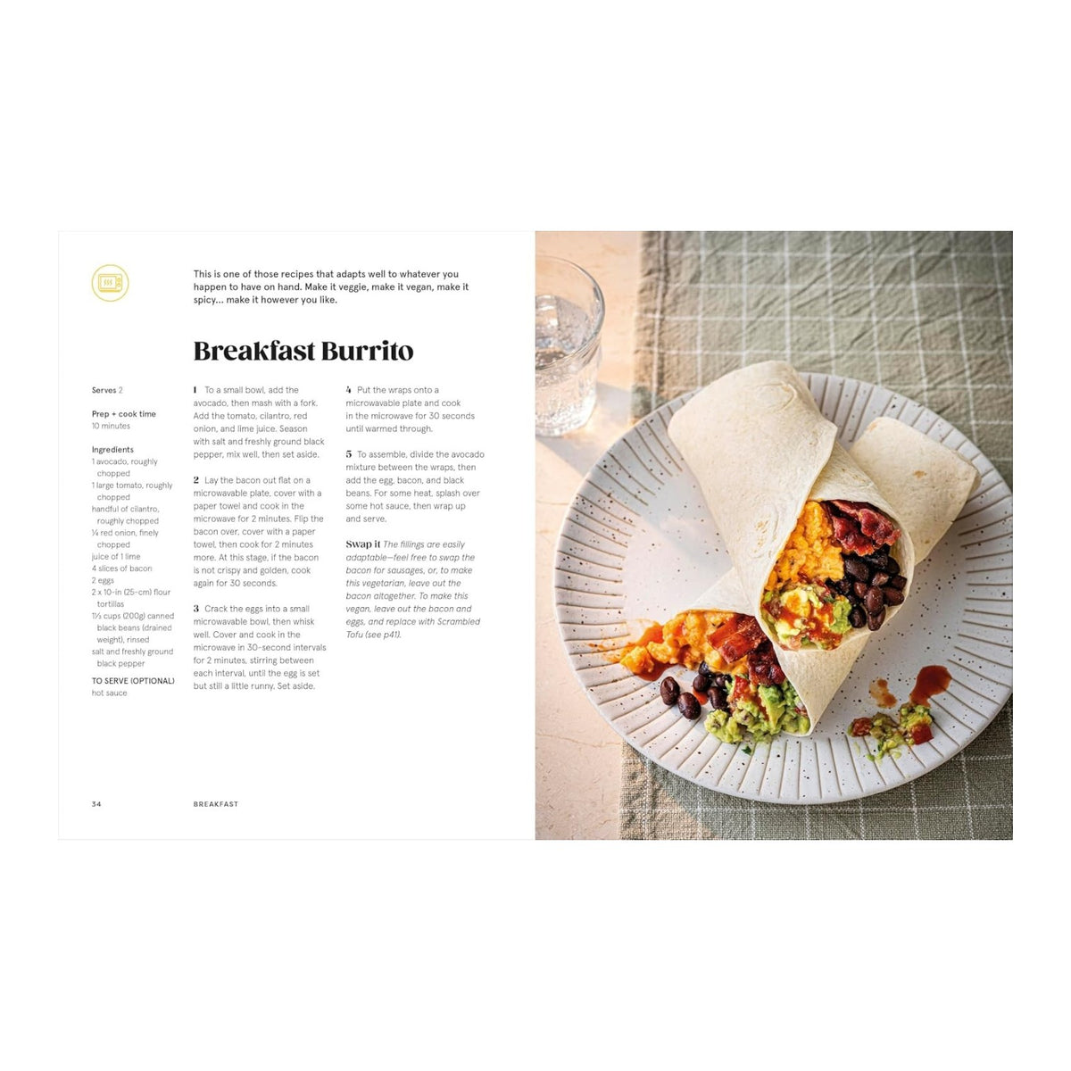 An open copy of The College Kitchen by Penguin Random House displays a breakfast burrito recipe on the left page, while the right shows a plate with two filled burritos, beans, salsa, and avocado next to a glass of water—the perfect inspiration for easy student meals.