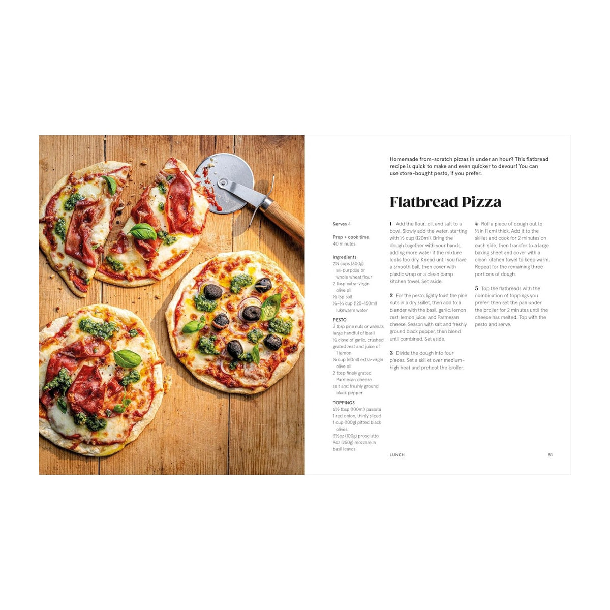 Three flatbread pizzas, a pizza cutter, and pizza slices are displayed on a wooden surface to the left; on the right page, The College Kitchen by Penguin Random House features a flatbread pizza recipe with ingredients and directions—an ideal choice for anyone seeking easy student meals or budget-friendly recipes.