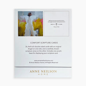 The back of the Anne Neilson: Comfort Scripture Cards box shows an angel painting, a Psalm 73:26 quote, card details, and Anne Neilson Home website info.