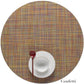 The Chilewich Round Placemat displays a multicolored Mini Basketweave pattern, crafted from phthalate-free Terrastrand yarns. A white cup, saucer, and red spoon rest on top, with "Confetti" text shown in the corner.