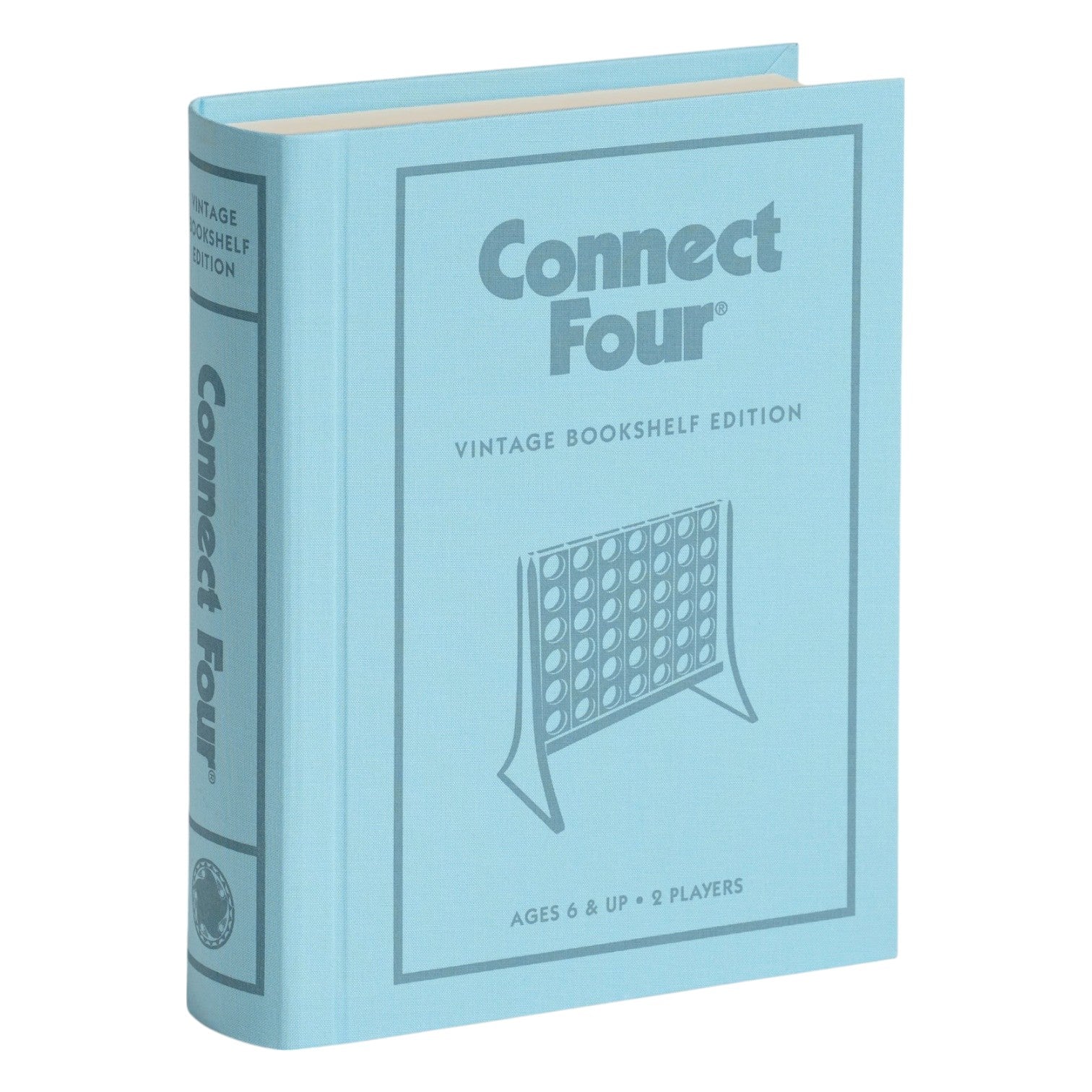 A light blue, fabric-wrapped box from WS Game Company’s Vintage Bookshelf Board Games collection features "Connect Four" with a classic board game illustration on the cover.