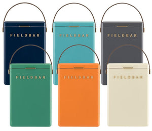 Six Fieldbar Drinks Box Cooler Collection coolers—durable with handles and gold lettering—are shown in blue, teal, orange, gray, green, and cream against a white background.