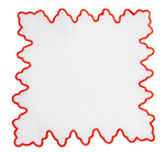 The Haute Home Sultan Coaster Set features a white, square cloth napkin with scalloped red edges—an elegant touch for your table and a perfect match for linen coasters.