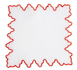 The Haute Home Sultan Coaster Set features a white, square cloth napkin with scalloped red edges—an elegant touch for your table and a perfect match for linen coasters.