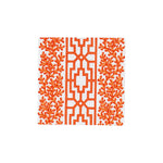 The Caspari Coral And Trellis Collection features a square white triple-ply napkin with an orange geometric center and symmetrical orange leafy side designs.