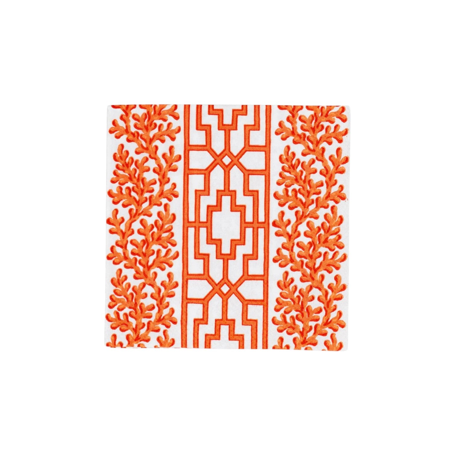 The Caspari Coral And Trellis Collection features a square white triple-ply napkin with an orange geometric center and symmetrical orange leafy side designs.