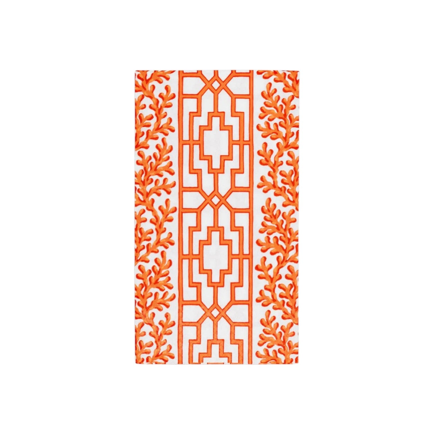 The Caspari Coral And Trellis Collection features a rectangular white towel with orange geometric and coral-like edge patterns—pairs perfectly with FSC-certified or triple-ply napkins for an eco-friendly, stylish table setting.