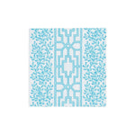 The Coral And Trellis Collection by Caspari features a geometric central pattern with leafy blue accents on white—perfect inspiration for stylish, FSC-certified napkins that blend elegance with sustainability.