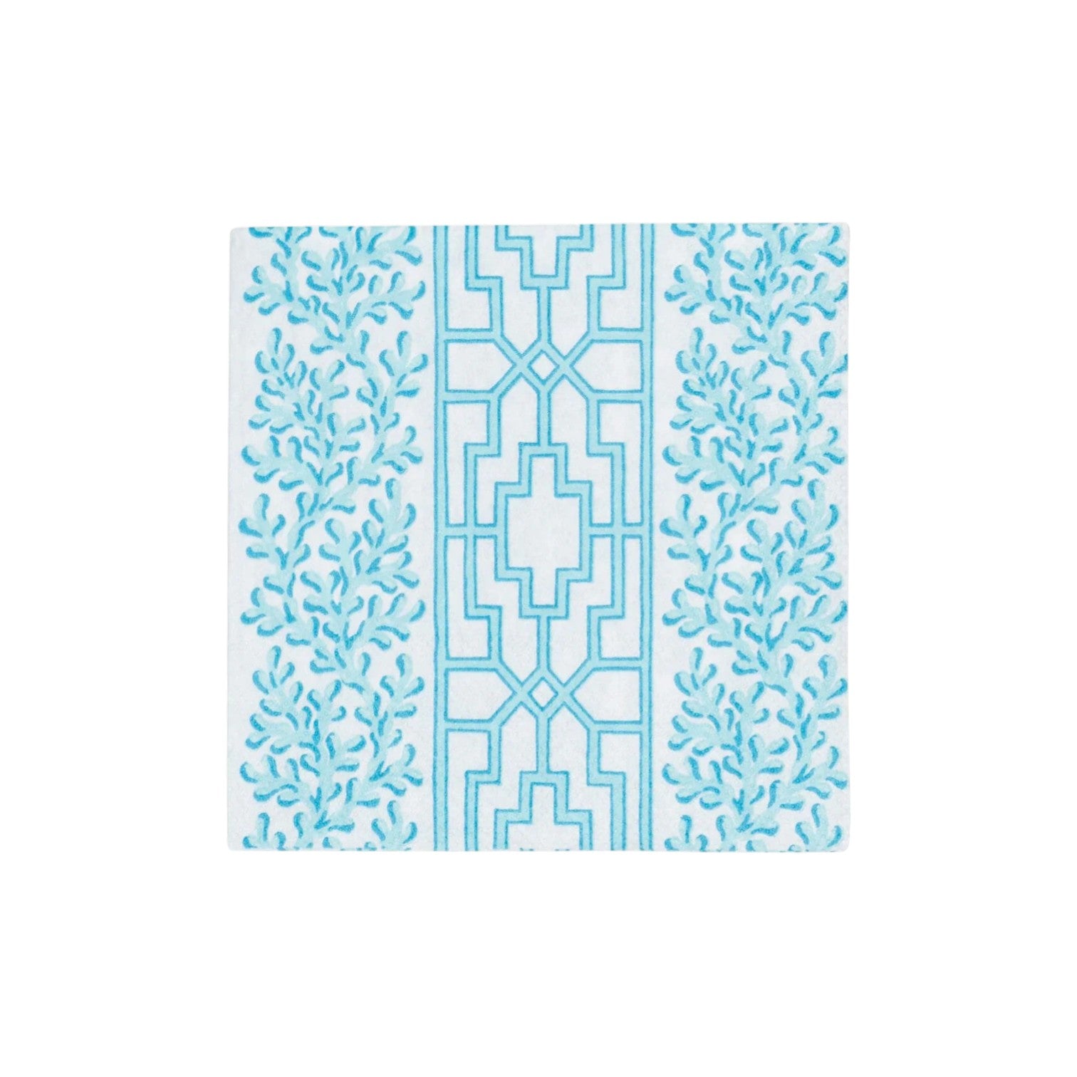 The Coral And Trellis Collection by Caspari features a geometric central pattern with leafy blue accents on white—perfect inspiration for stylish, FSC-certified napkins that blend elegance with sustainability.