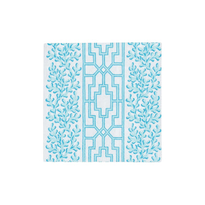 The Coral And Trellis Collection by Caspari features a geometric central pattern with leafy blue accents on white—perfect inspiration for stylish, FSC-certified napkins that blend elegance with sustainability.