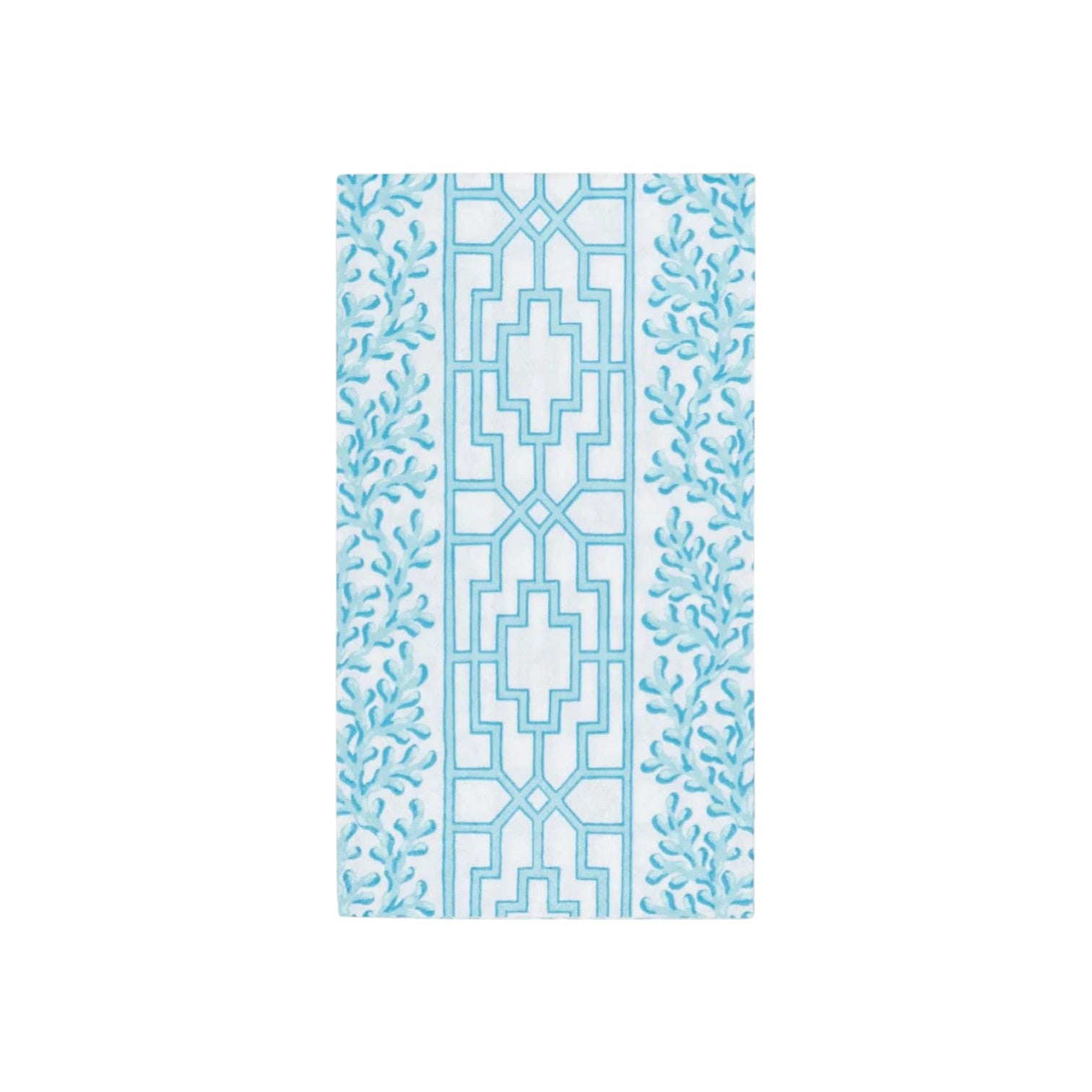 The Caspari Coral And Trellis Collection features a blue and white rectangular towel with a central geometric pattern and leafy borders, pairing perfectly with our biodegradable napkins for an eco-friendly table setting.
