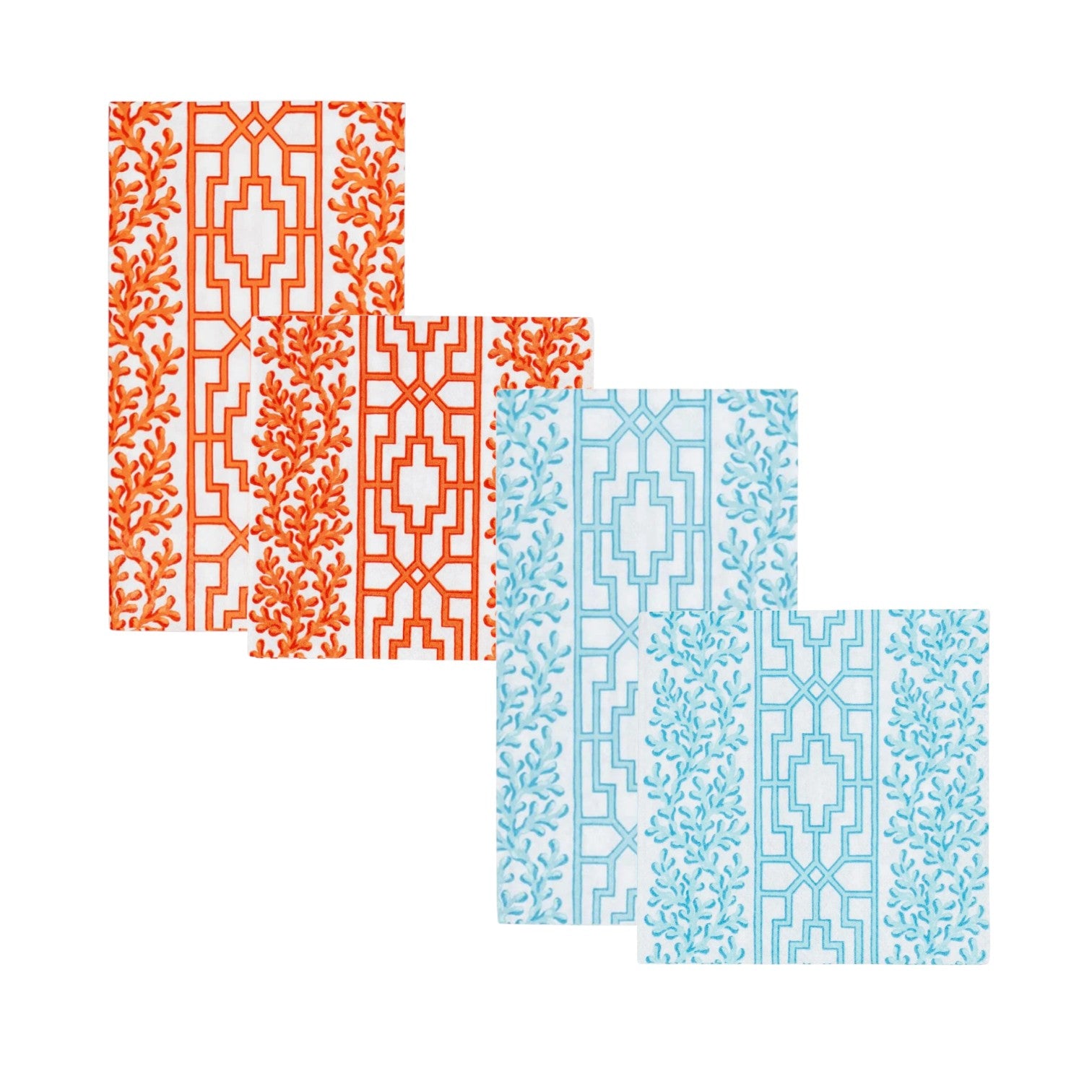 The Caspari Coral And Trellis Collection features four rectangular dishcloths with geometric and leafy orange, blue, and white patterns—perfect for pairing with FSC-certified napkins to elevate your dining table style.