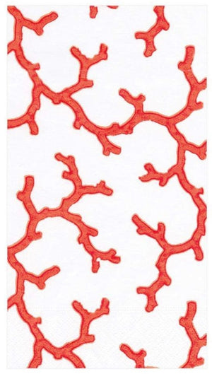 Caspari’s The Coral Sea Guest Towels feature an orange-red coral branch pattern on a white background, bringing vibrant, eco-friendly style to your table and making every occasion feel special.