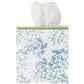 A Weezie Towels box featuring the elegant Meg Braff Cornflower pattern with a green top showcases white tissues partially pulled out.