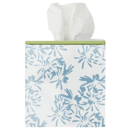 A Weezie Towels box featuring the elegant Meg Braff Cornflower pattern with a green top showcases white tissues partially pulled out.