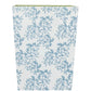 The Weezie Towels x Meg Braff Cornflower Bath Accessories wastebasket is adorned with Madame Butterfly's blue floral design, adding a touch of Palm Beach charm.