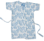 The Weezie Towels Meg Braff Short Patterned Robe is a luxurious white velour kimono-style robe with blue floral patterns, featuring short sleeves, a side tie closure, and handy pockets for ultimate comfort and style.