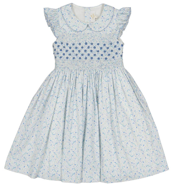 Antoinette Girls' Cosmos Blue Floral Smocked Dress by Antoinette, displayed against a white background.