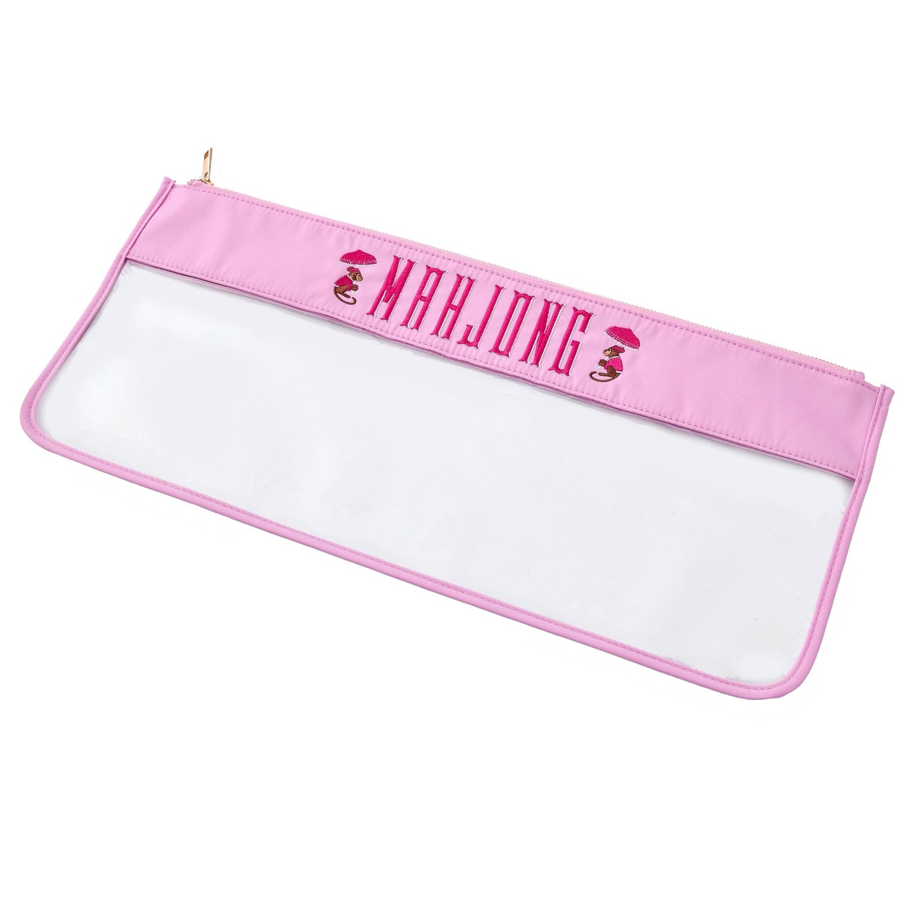 The Oh My Mahjong Stitched Bag is a pink and clear zippered bag featuring "MAHJONG" in pink letters across the top section.