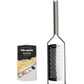 A Microplane Professional Series 2.0 stainless steel coarse grater with a long handle is displayed beside its box, which features images of grated cheese, nutmeg, and chocolate.