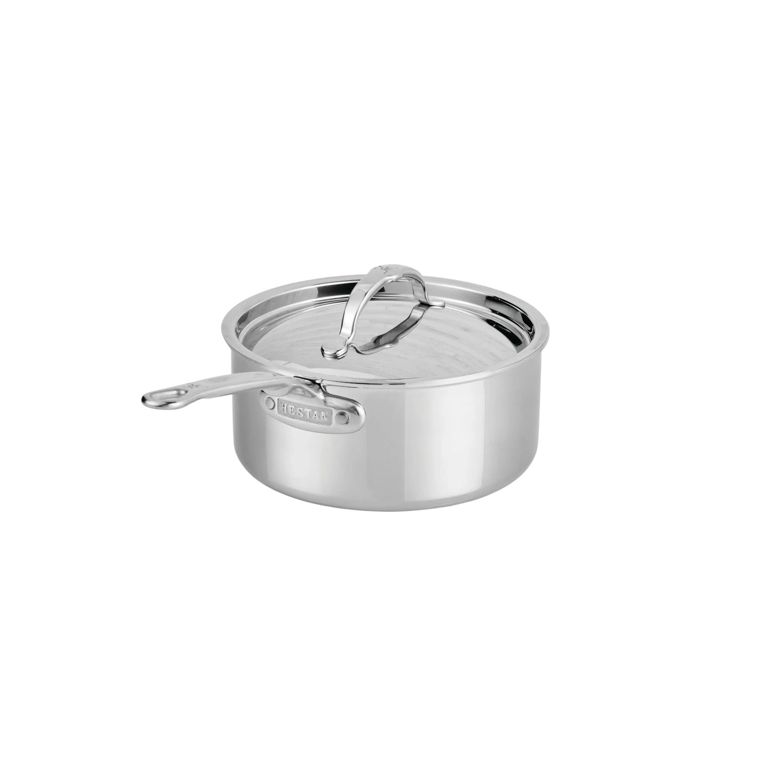 A Hestan ProBond® Luxe™ Collection stainless steel saucepan with a lid and long handle sits against a plain white background.