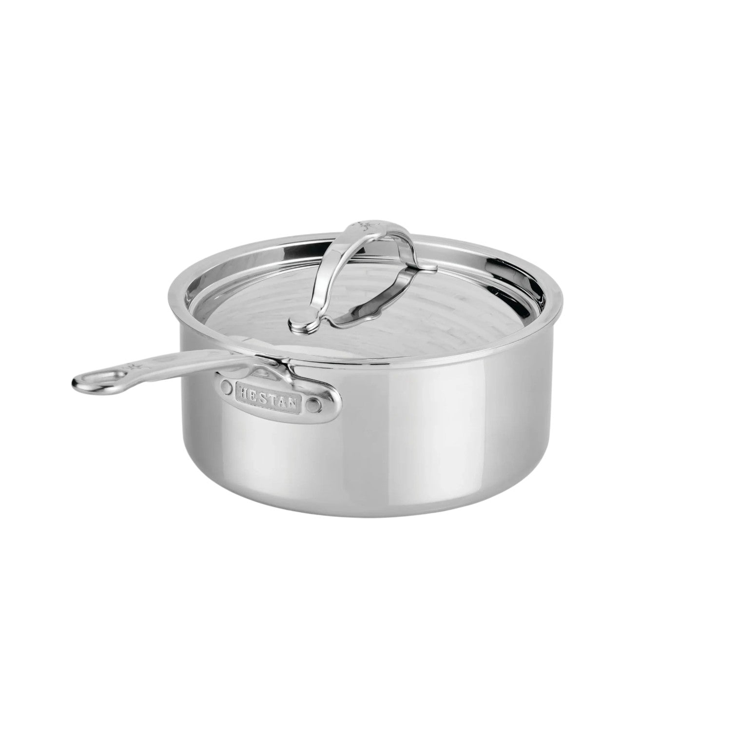 A Hestan ProBond® Luxe™ Collection stainless steel saucepan with lid and side handle is shown on a white background.